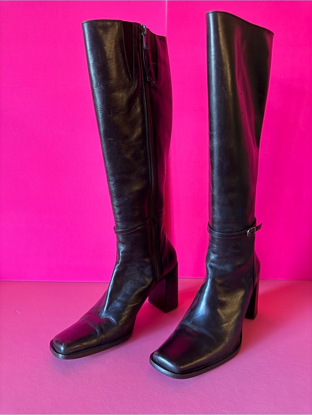 Women’s Black Over-the-Knee Leather Boots with Block Heel